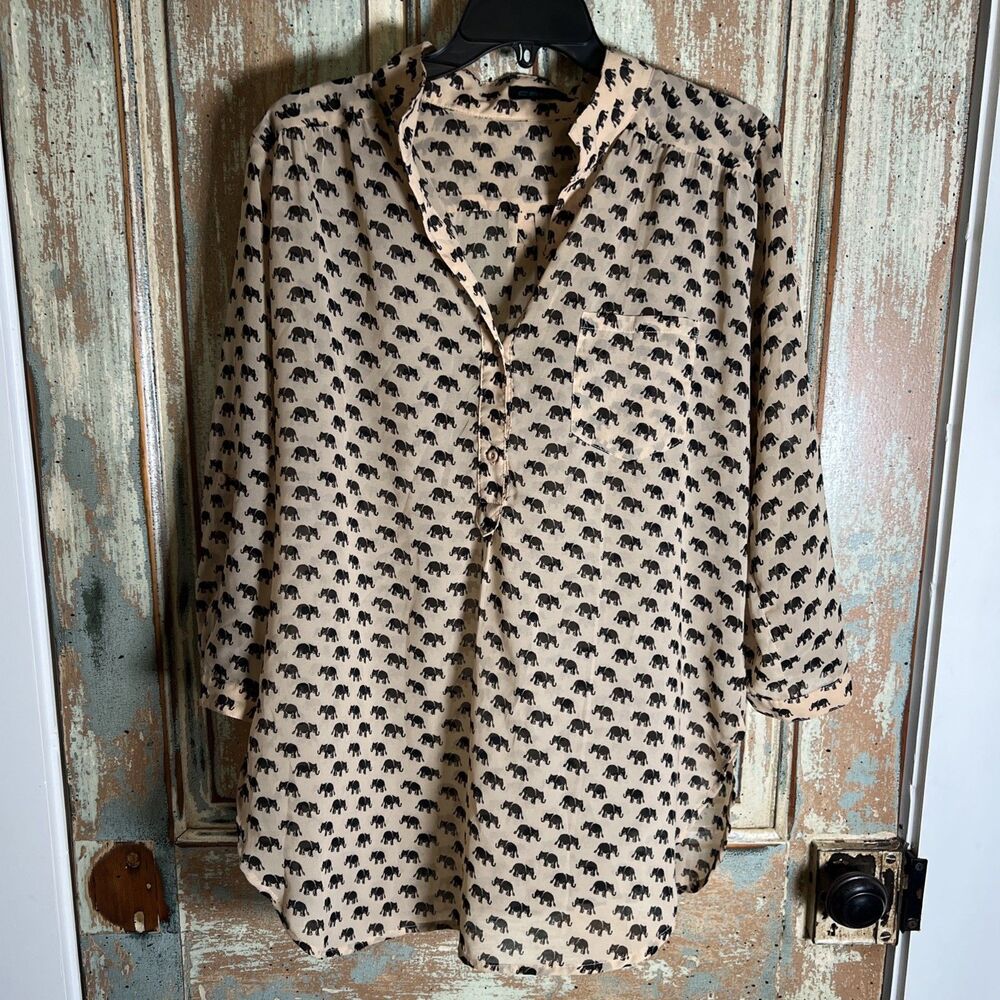 CALS Womens Sheer Elephant Print Blouse 3/4 Sleeve Black & Tan See Measurements